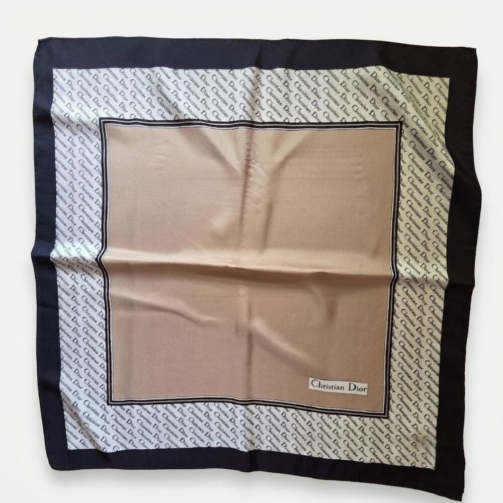 Vintage Christian Dior 100% Silk Scarf Monogram Logo Square Beige Black - Picture 2 of 10